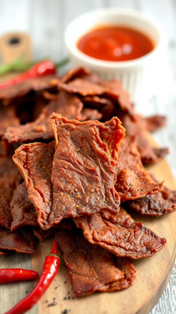 Close-up of spicy turkey jerky on a wooden board with chili peppers and hot sauce in the background.
